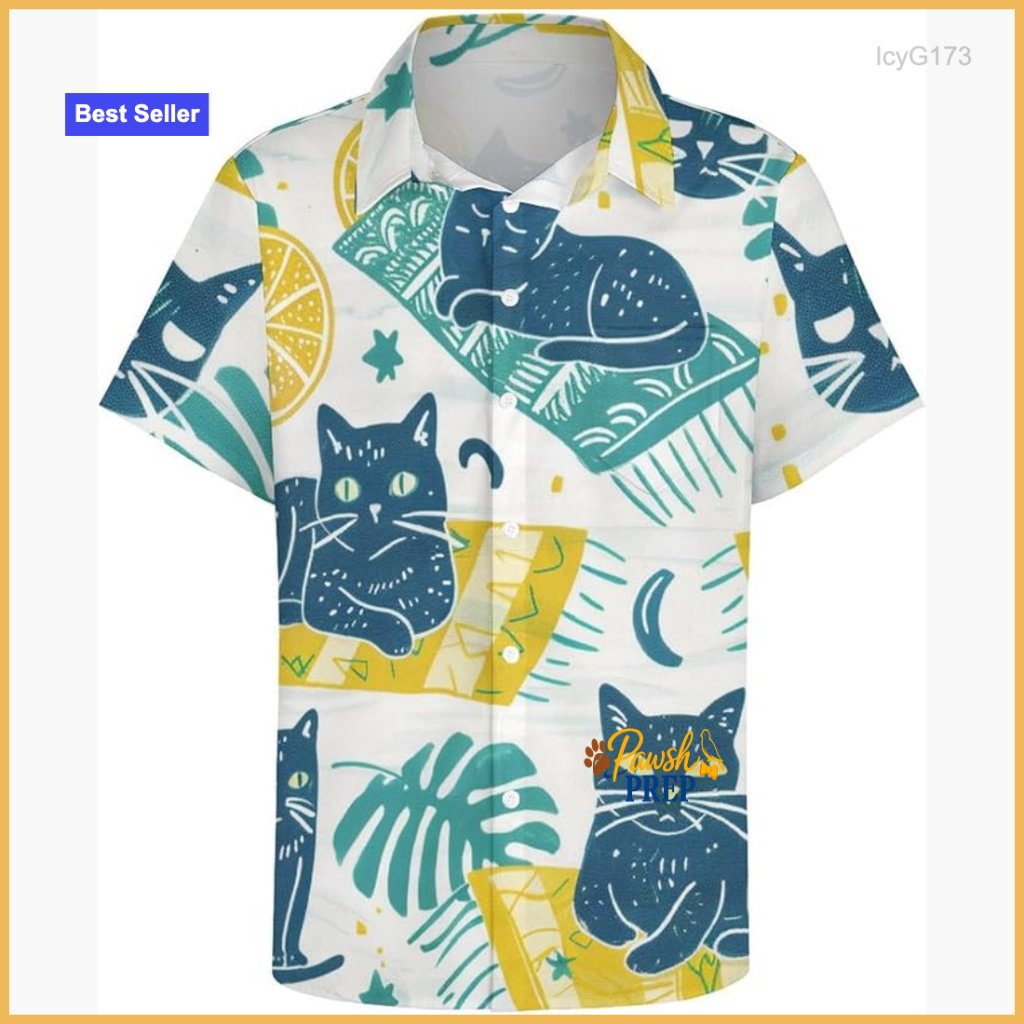 Men's Hawaiian Shirt Cat Print Short Sleeve Button Down Beach Shirt